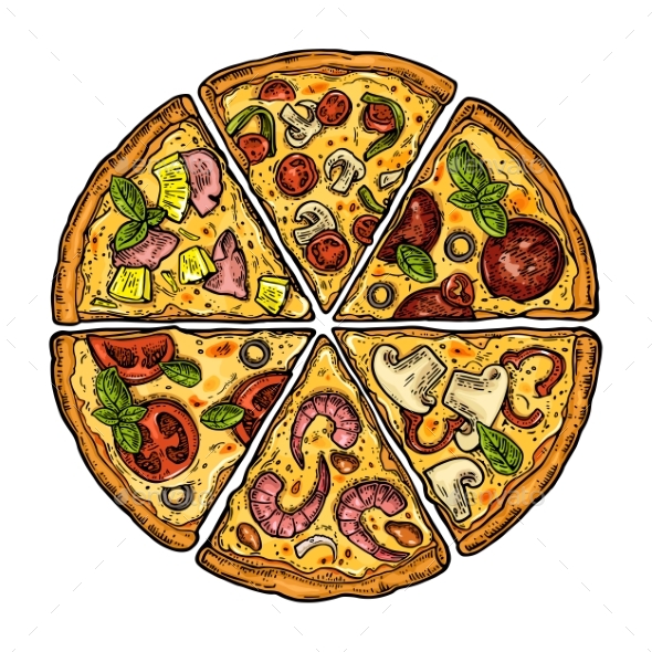 Set Slice Pizza Pepperoni, Hawaiian, Margherita - Food Objects