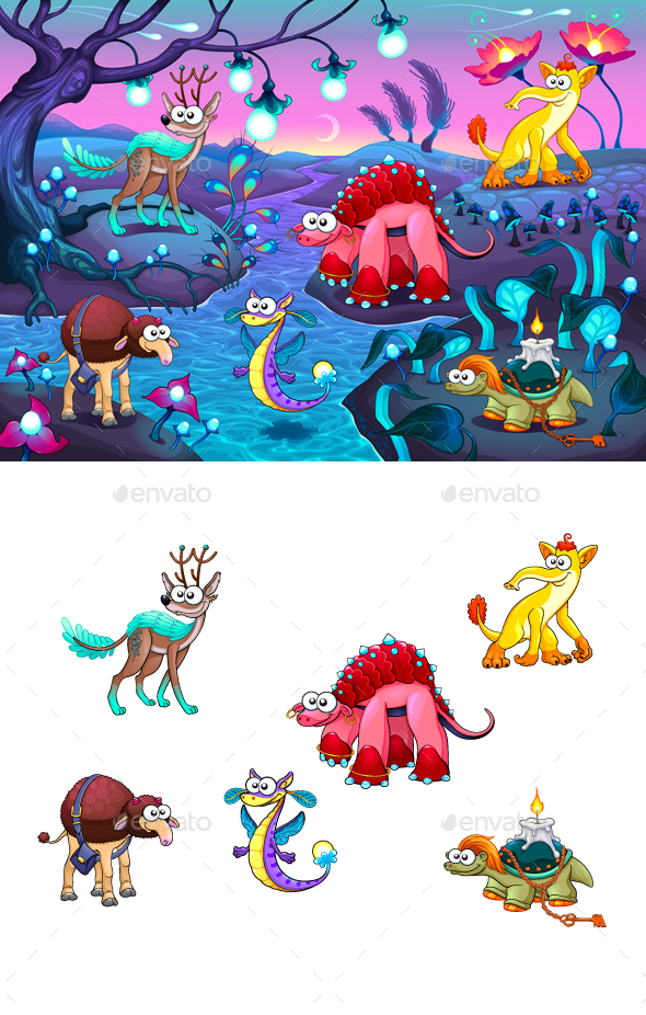 Group of Animals in a Fantasy Landscape - Animals Characters