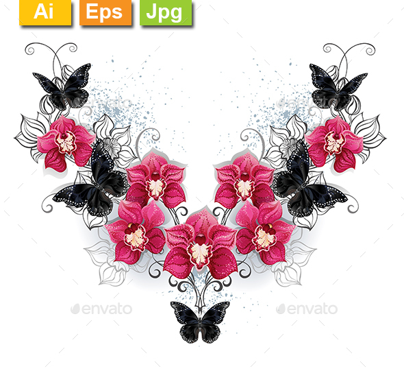 Symmetric Pattern of Orchids and Black Butterflies - Tattoos Vectors