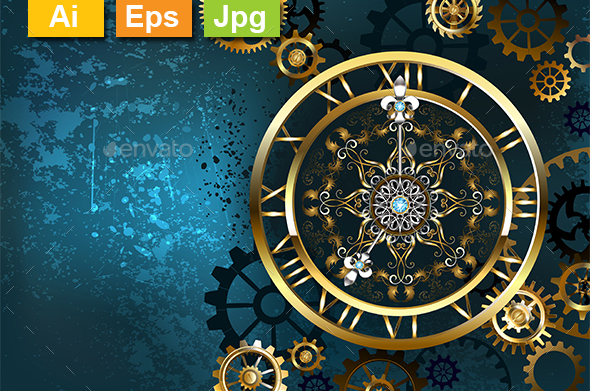 Golden Clock on Turquoise Background - Backgrounds Decorative