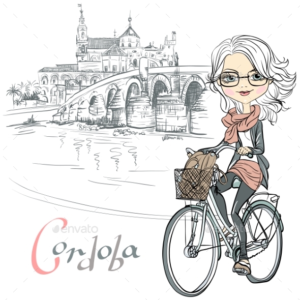 Girl Rides a Bicycle in Cordoba - People Characters
