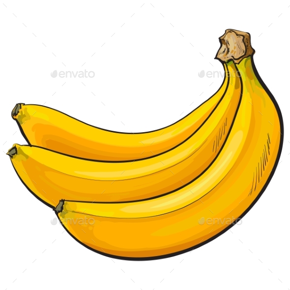 Bunch of Three Unpeeled Ripe Bananas - Food Objects