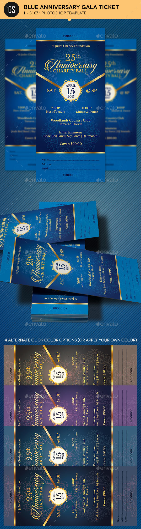 Blue Anniversary Gala Ticket Template - Miscellaneous Print Templates