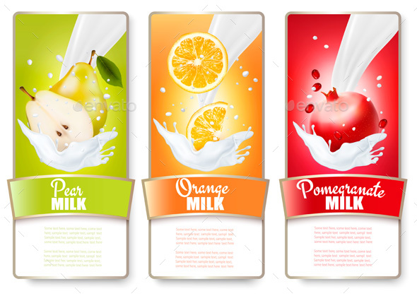 Set of Three Labels of Berries in Milk Splashes - Food Objects