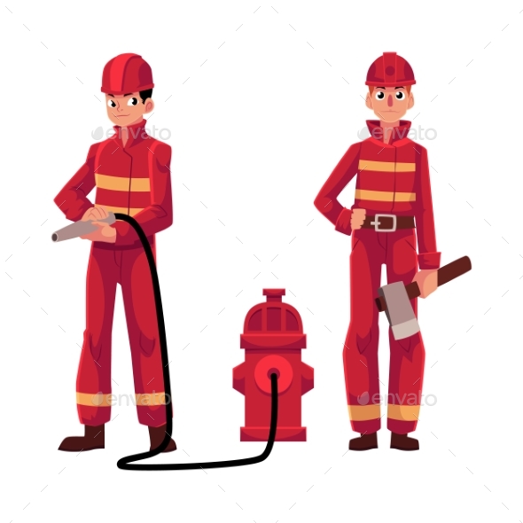 Firemen in Red Protective Suit - People Characters