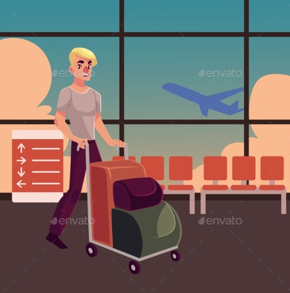 Young Man Pushing Airport Trolley with Luggage - Travel Conceptual