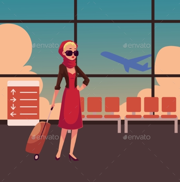 Pretty Woman in Red Dress with Suitcase - Travel Conceptual