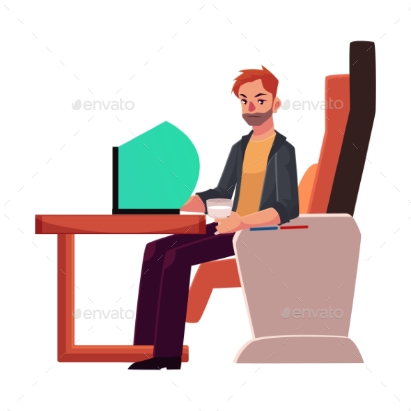 Young Unshaved Man Working on Laptop in Business - Concepts Business