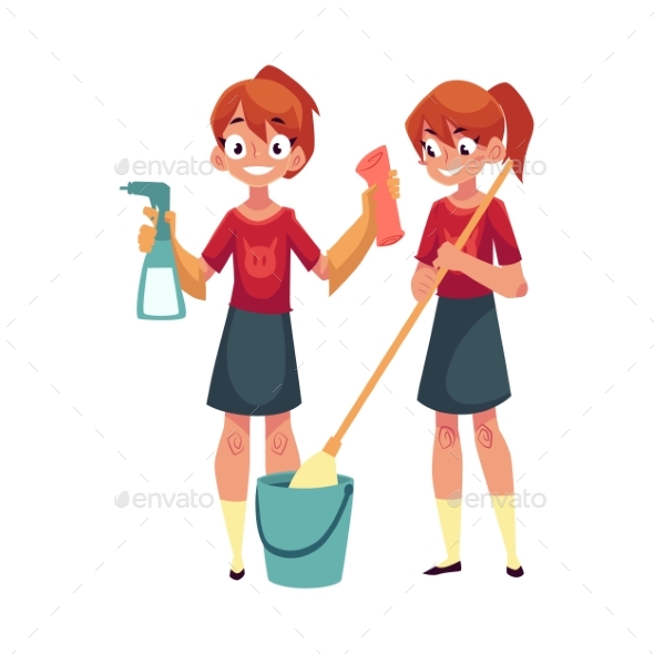 Teenage Girl Cleaning House and Washing Floor - People Characters