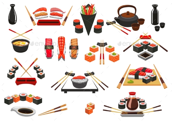 Seafood, Sushi, Sashimi Vector Icons and Emblems - Food Objects