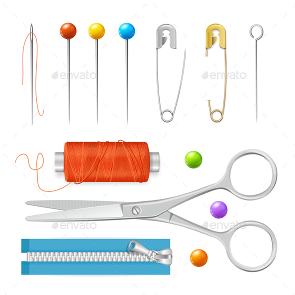 Realistic Sewing Tools Accessories Set. Vector - Objects Vectors