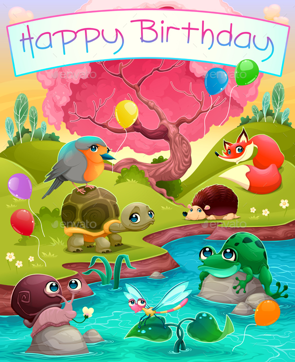 Happy Birthday Card with Animals in the Countryside - Birthdays Seasons/Holidays