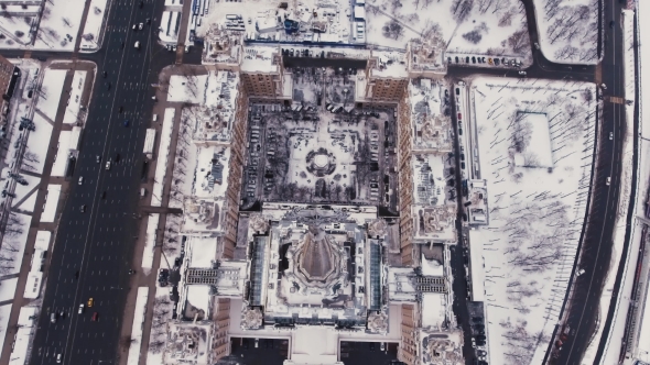 Aerial Filming Hotels Ukraine Air, Moscow Russia. Flight Over the Seven Sisters, the Courtyard and