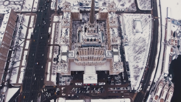 Aerial Filming Hotels Ukraine Air, Moscow Russia. Flight Over the Seven Sisters, the Courtyard and