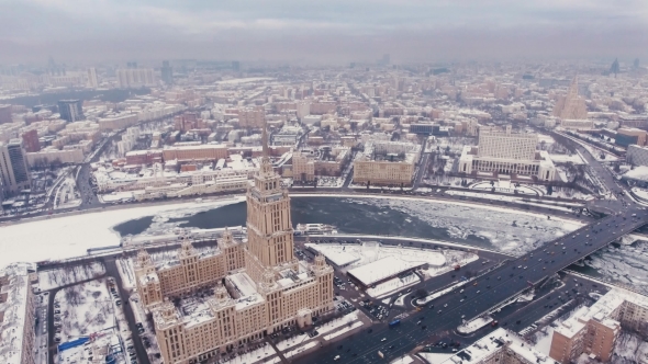 Aerial Filming Hotels Ukraine Air, Moscow Russia. Flight Over the Seven Sisters, the Courtyard and