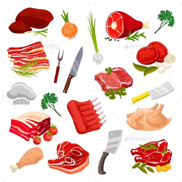Butchery Meat, Butcher Shop Products Icons - Food Objects