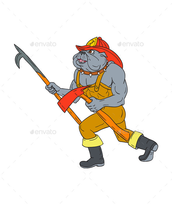 Bulldog Firefighter Pike Pole Fire Axe Drawing - Animals Characters