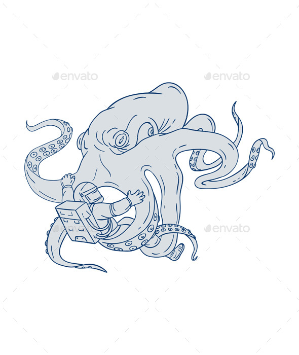 Giant Octopus Fighting Astronaut Drawing - Animals Characters
