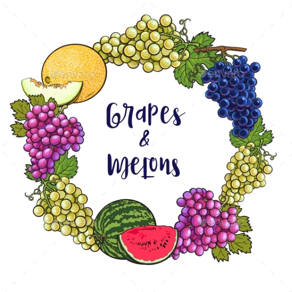 Round Frame of Grapes and Melons - Flowers & Plants Nature