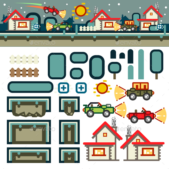 Small Town at Night Flat Game Level Kit - Backgrounds Game Assets