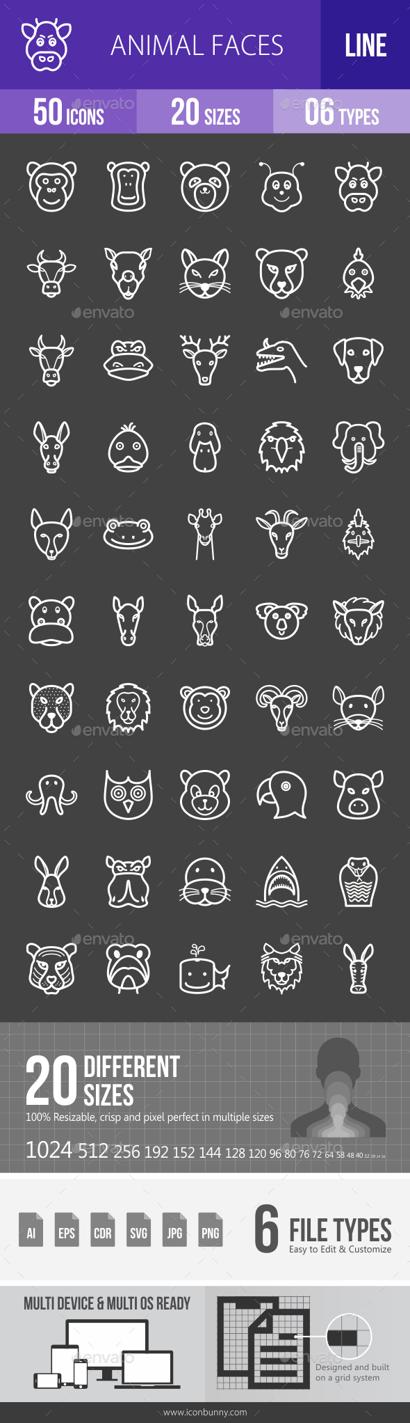 Animal Faces Line Inverted Icons - Icons