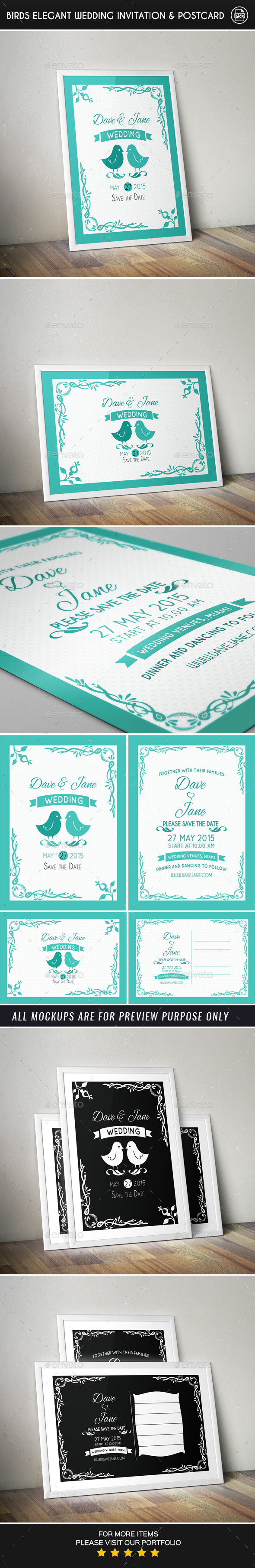 Birds Elegant Wedding Invitation & Post Card