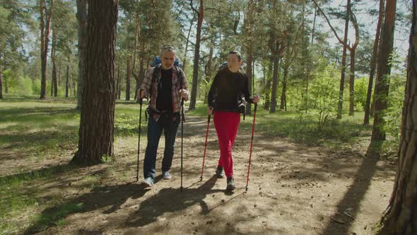 Middle Aged Backpacker Couple with Trekking Poles Hiking in Wood alt