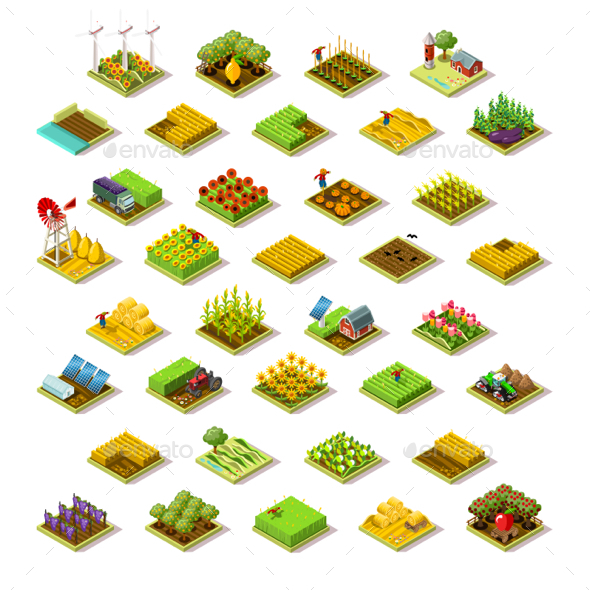 Isometric Building Farm 3D Icon Collection Vector Illustration - Vectors