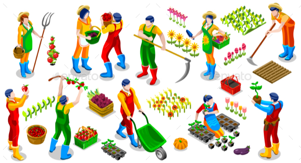 Isometric Farmer People 3D Icon Collection Vector Illustration - Vectors
