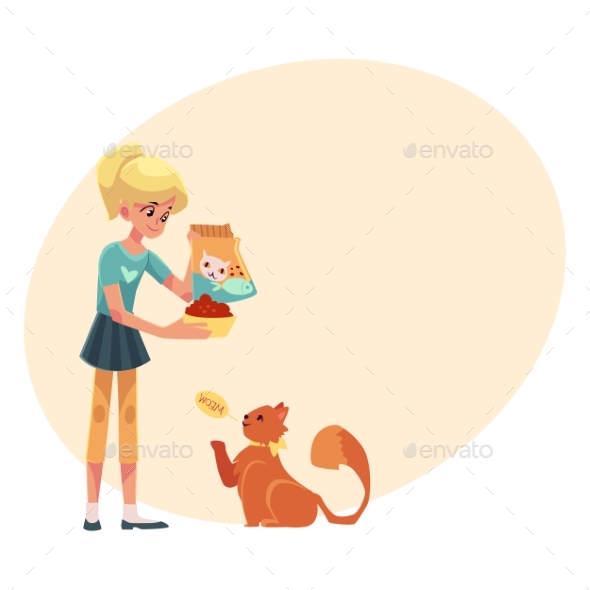 Teenage Girl Giving Food To Her Fluffy Red Cat - People Characters