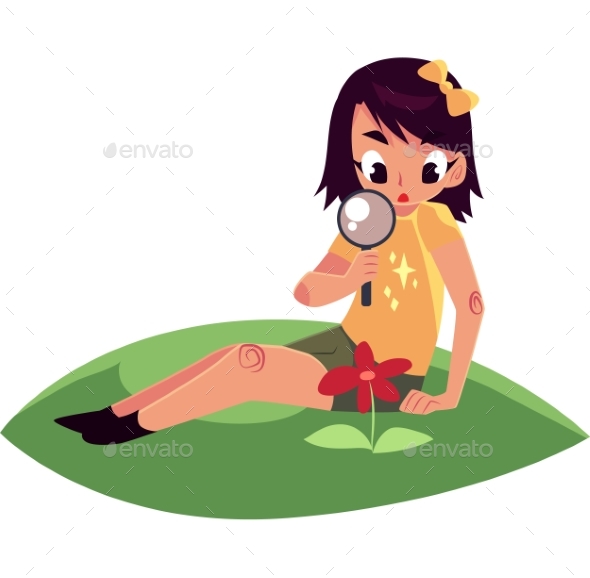 Girl Sitting on Grass and Studying Flower Through - Flowers & Plants Nature