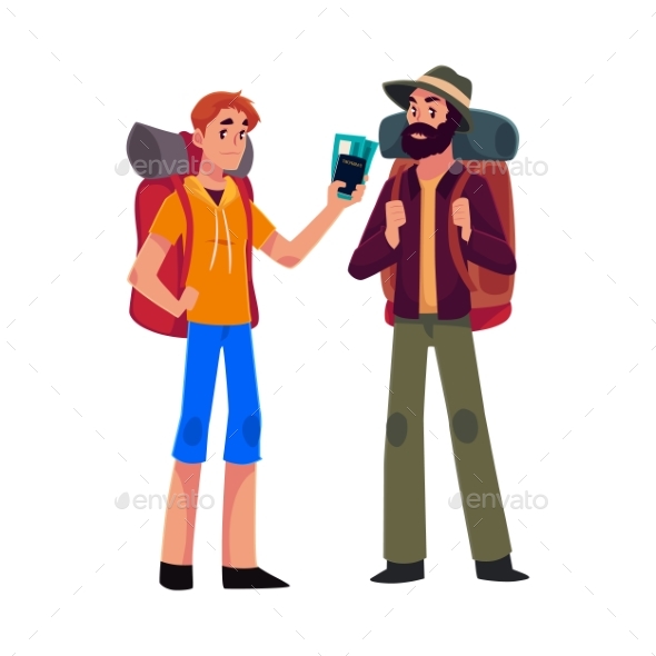 Two Man Travelling, Hitchhiking with Backpacks - People Characters