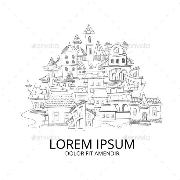 Abstract Cityscape with Hand Drawn Doodles Ink - Buildings Objects
