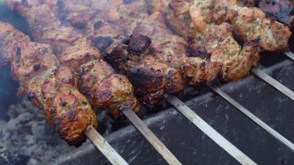 Delicious Pork Kebab Grilled Outside