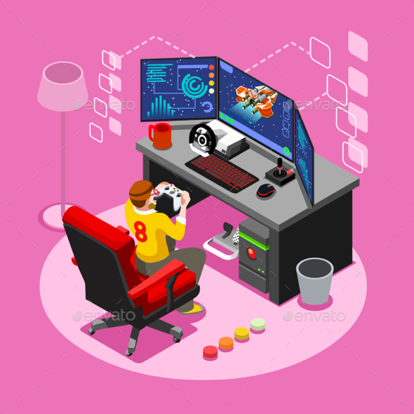 Computer Video Game Isometric Gaming People Vector Illustration - Computers Technology