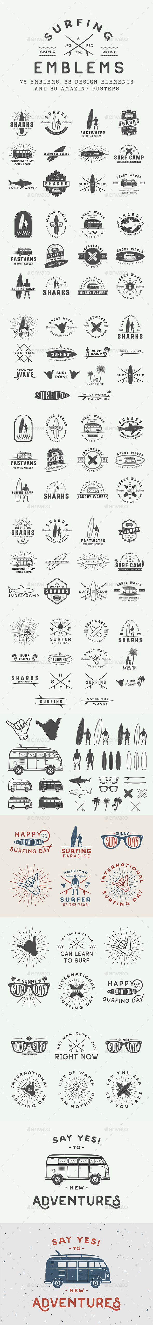 Vintage Surfing Emblems - Badges & Stickers Web Elements