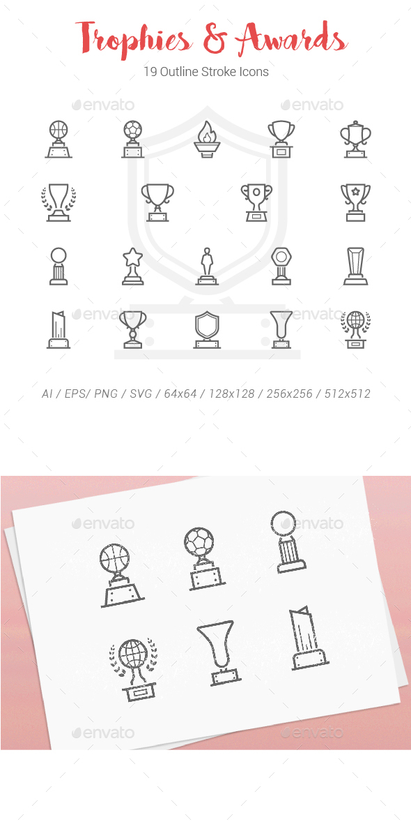 19 Trophy Award Outline Stroke Icons - Objects Icons