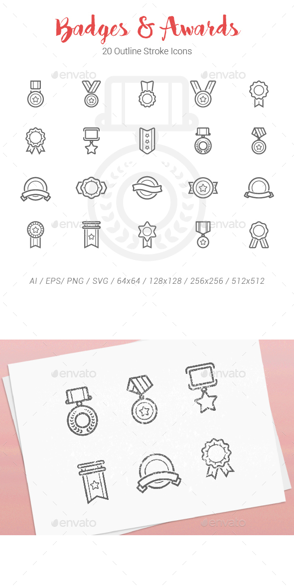 20 Badges Award Outline Stroke Icons - Objects Icons