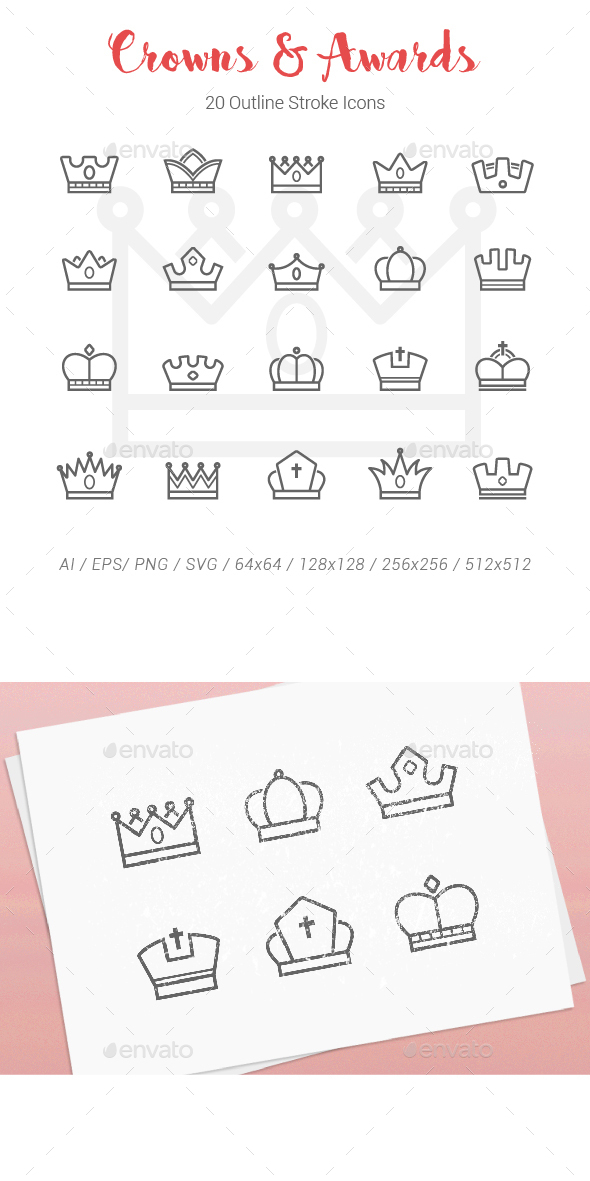 20 Crowns Award Outline Stroke Icons - Objects Icons