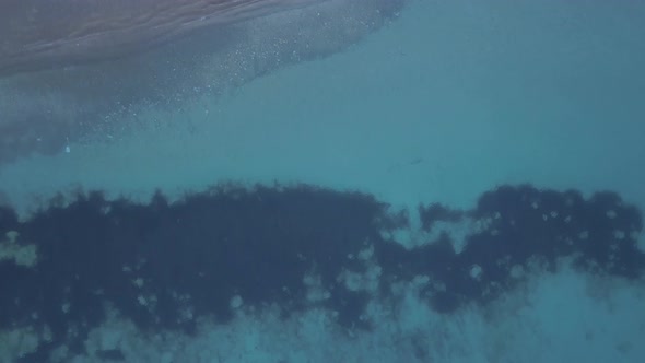 Aerial view of tropical sea waves splashing on the beach. alt