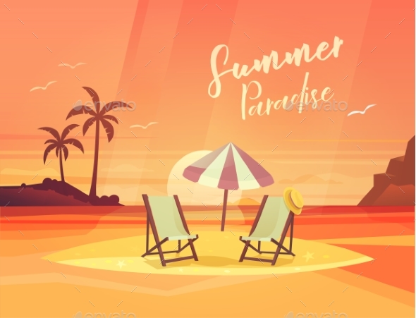 Sand Coast or Beach with Deck Chair and Umbrella - Travel Conceptual