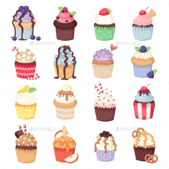 Set of Cute Vector Cupcakes and Muffins Isolated - Backgrounds Decorative