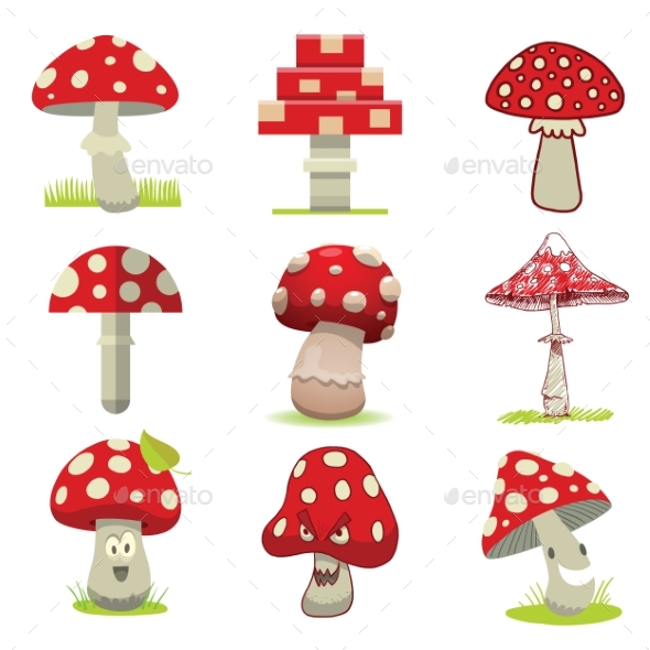 Cartoon Different Types of Amanita Mushrooms - Backgrounds Decorative