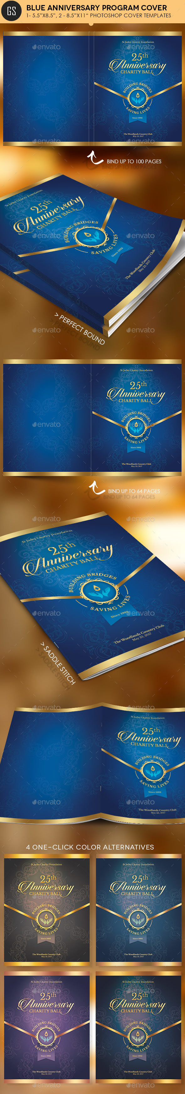 Blue Anniversary Gala Program Cover Template - Magazines Print Templates