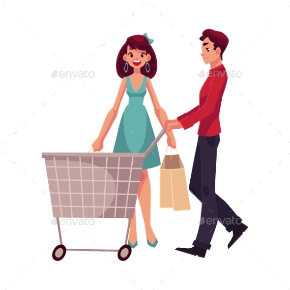 Man Pushing a Cart and Woman Holding Shopping Bags - Retail Commercial / Shopping