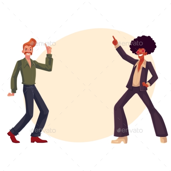 Black and White Men in 1970s Style Clothes Dancing - People Characters