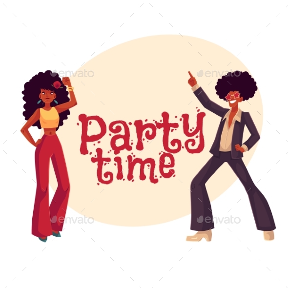 Man and Woman with Afro Hair in 1970s Clothes Dancing - People Characters