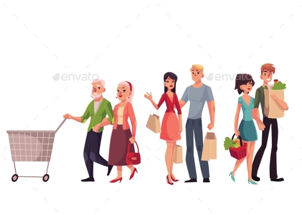 Young, Middle Aged and Senior Couples Shopping - People Characters