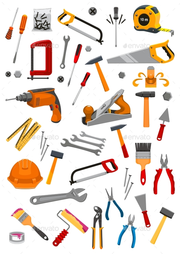 Building Repair Work Tools Vector Isolated Icons - Man-made Objects Objects