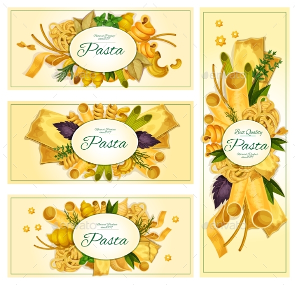 Pasta Macaroni Italian Cuisine Vector Banners Set - Food Objects